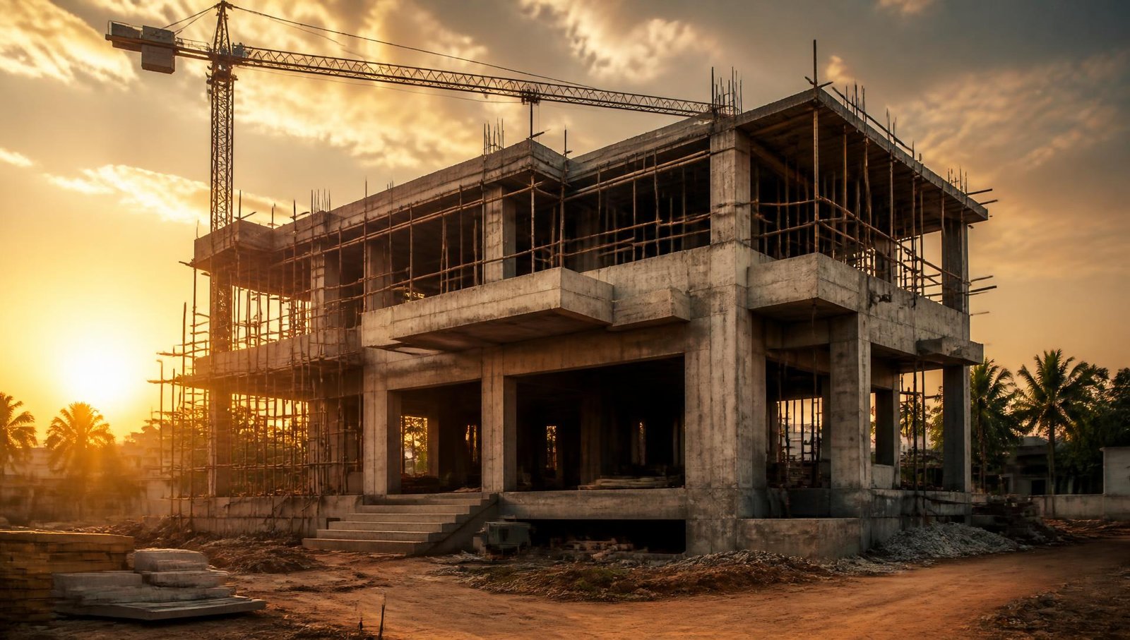 Engineers reviewing plans at a modern construction site at sunset